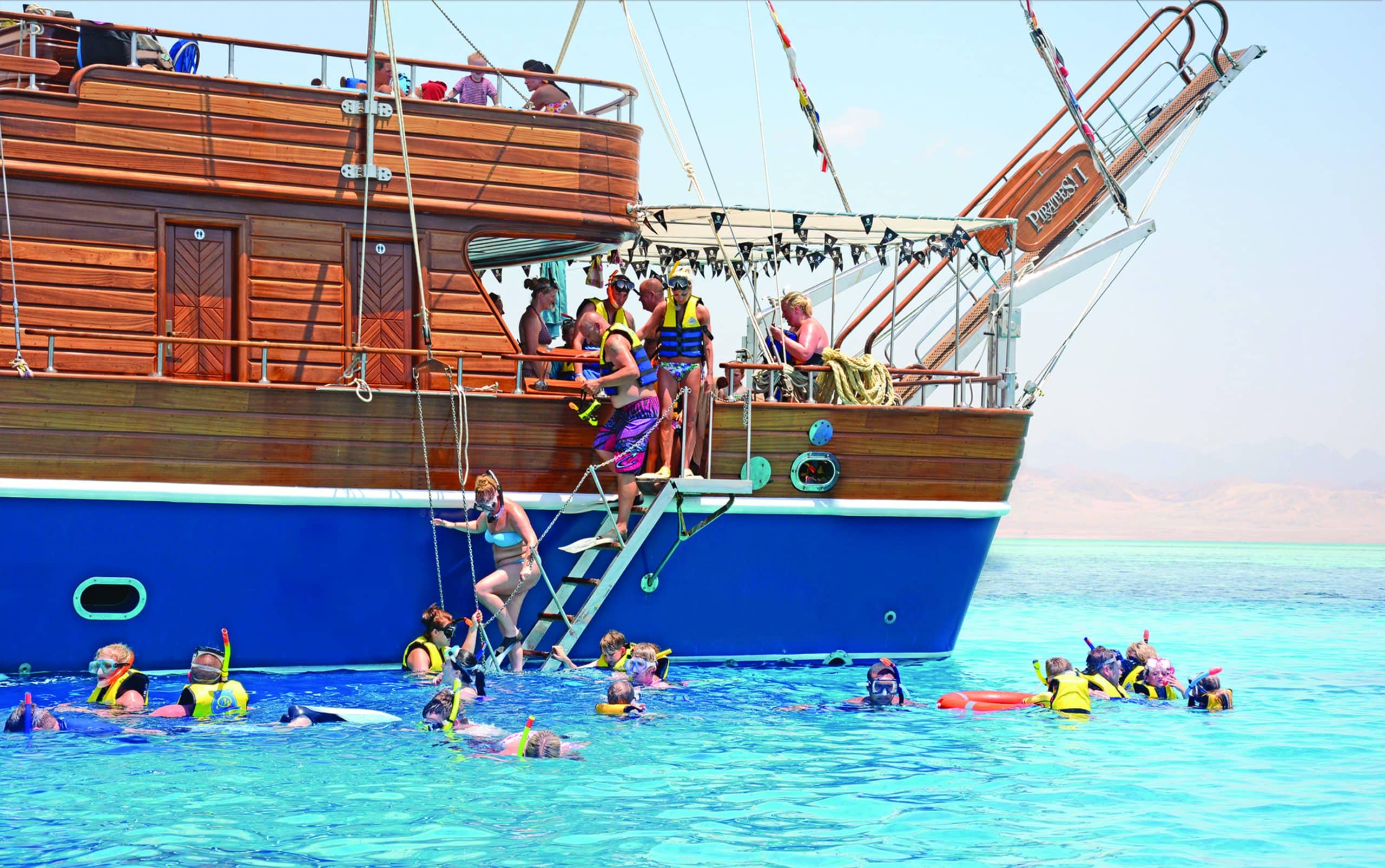 01 Upper sun deck on Pirates boat in Sharm El Sheikh, perfect for relaxing while cruising to Ras Mohammed and White Island.